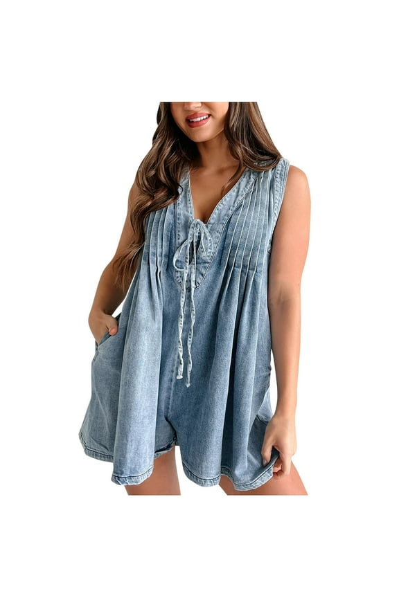 Women's Denim Romper Oversized V Neck Sleeveless Jean Short Overalls Casual Jumpsuit Shortalls with Pockets