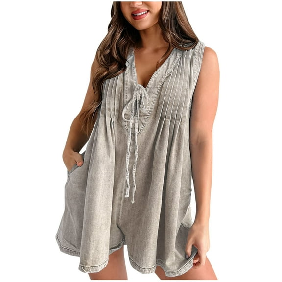 Women's Denim Romper Oversized V Neck Sleeveless Jean Short Overalls Casual Jumpsuit Shortalls with Pockets