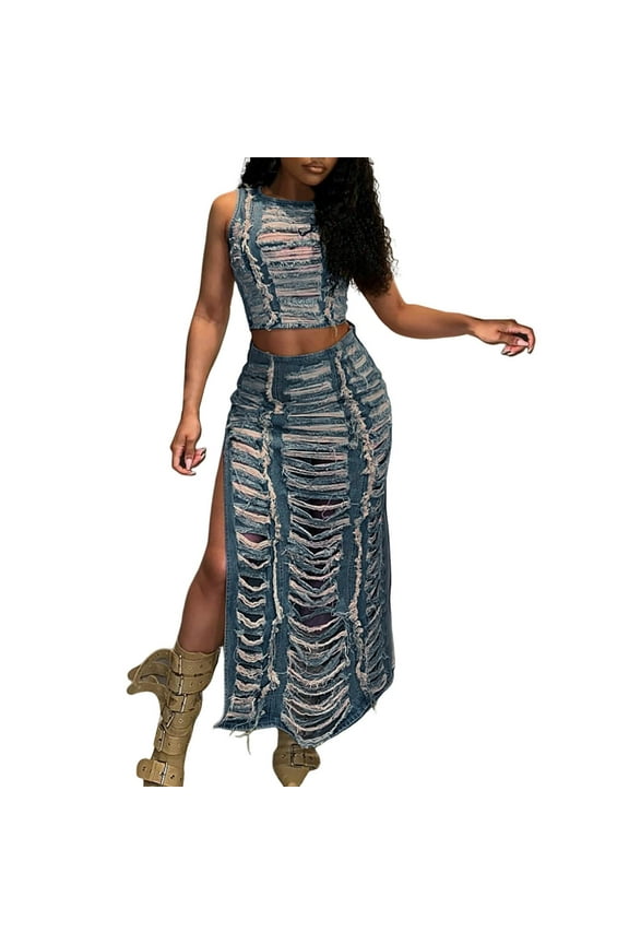 Women's Denim Set Hand Worn Vest With High Slit Denim Skirt Set