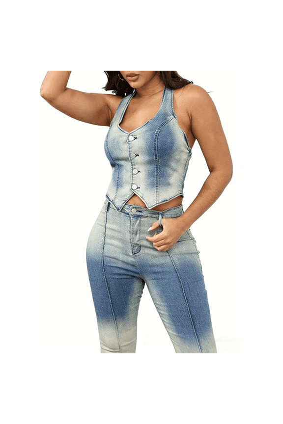 Women’s Denim Set Vintage Denim Stretch Halter Top and Flare Jeans Outfits Summer Two Piece Outfits Dressy Pants Suits