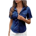 thumbnail image 1 of Women's Denim Shirt Casual Short Sleeve Button Down Tee Blouse Summer Jean Tops Slim Fit with Pockets Blue Top, 1 of 6
