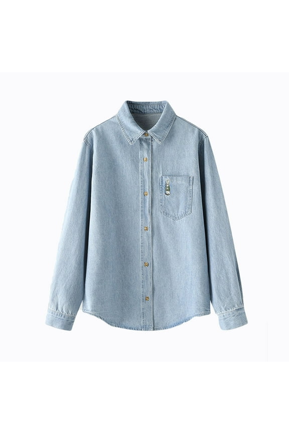 Women's Denim Shirt Classic Chambray Collared Jean Shirts Casual Long Sleeve Button Down Blouses Jackets