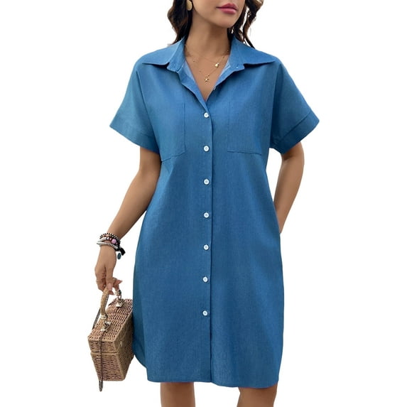 SOMER Women's Tshirt Denim Jean Dress Summer Mini Button Down Short Sleeve Beach Sundress Vintage Knee with Pockets Girls Spring Dresses Blue