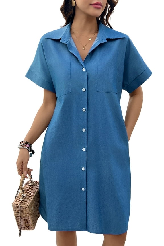 Women's Tshirt Denim Jean Dress Summer Mini Button Down Short Sleeve Beach Sundress Vintage Knee with Pockets Girls Spring Dresses Blue