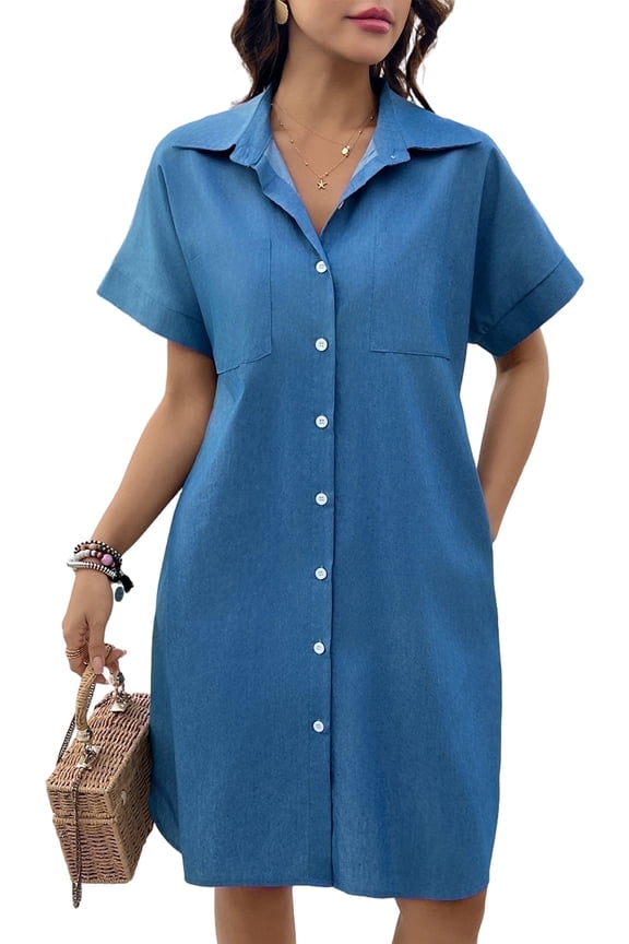 Women's Tshirt Denim Jean Dress Summer Mini Button Down Short Sleeve Beach Sundress Vintage Knee with Pockets Girls Spring Dresses Blue
