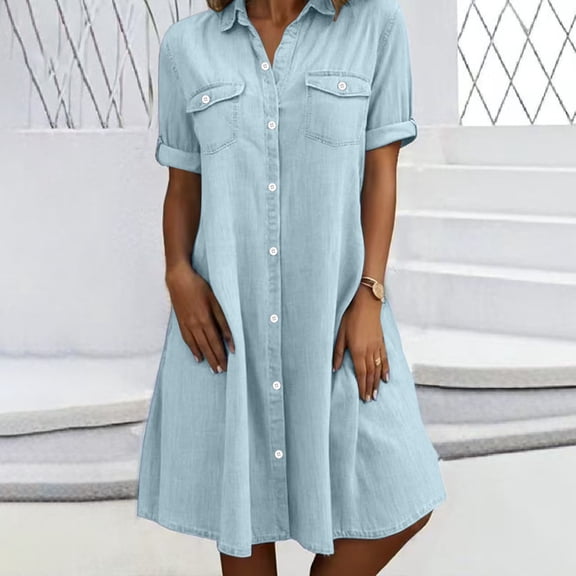 Women's Denim Shirt Dress Collar V Neck Short Sleeve Jean Dress Button Down A-Line Midi Dress with Pockets