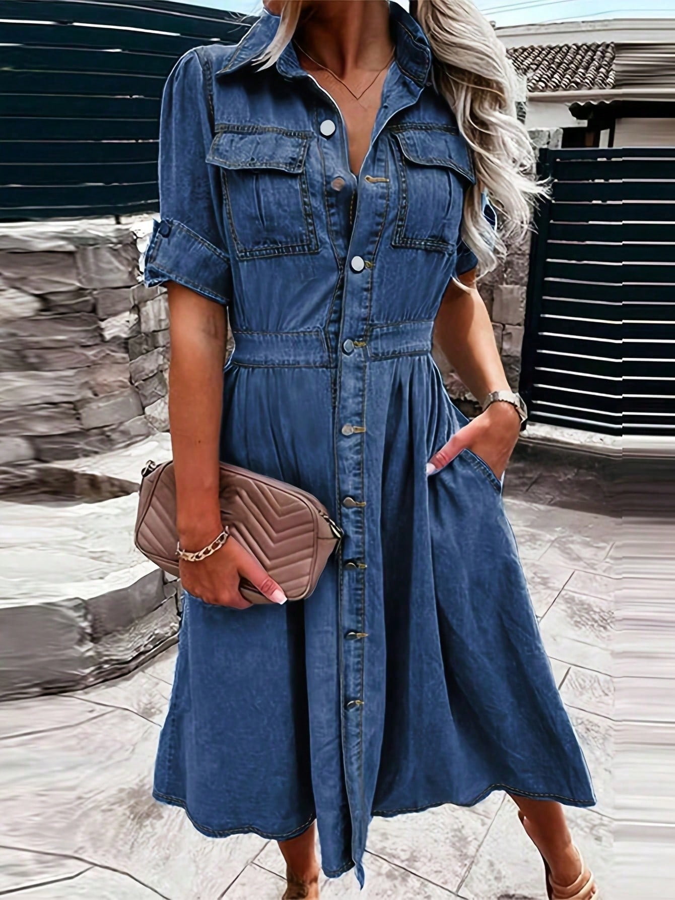 Women's Denim Shirt Dress V-Neck Short Sleeved Waist A-Line Jeans With ...