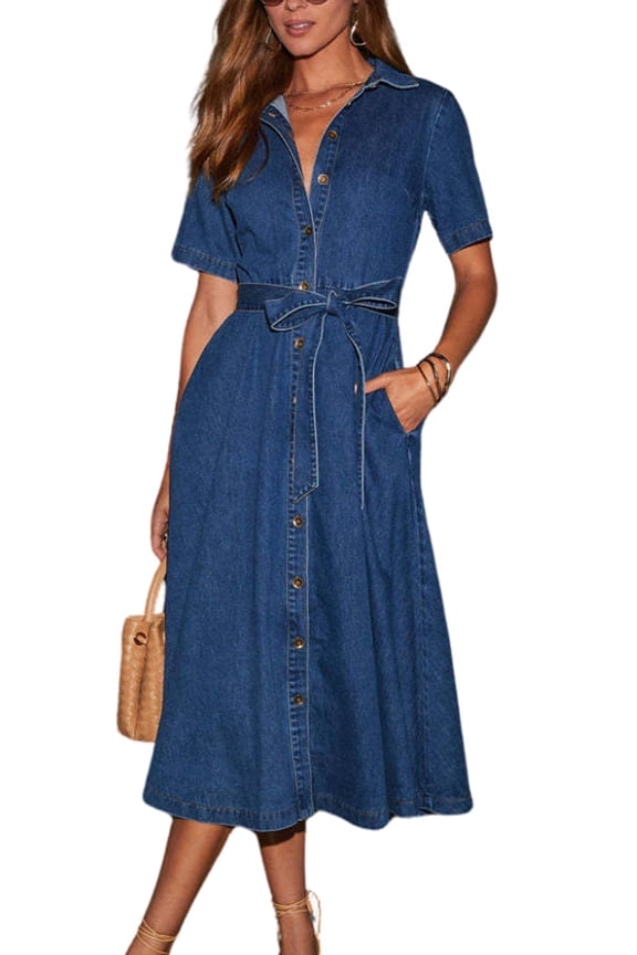 Women's Denim Shirt Dress with Belt Elegant Short Sleeve Button Down Midi Dress with Pockets