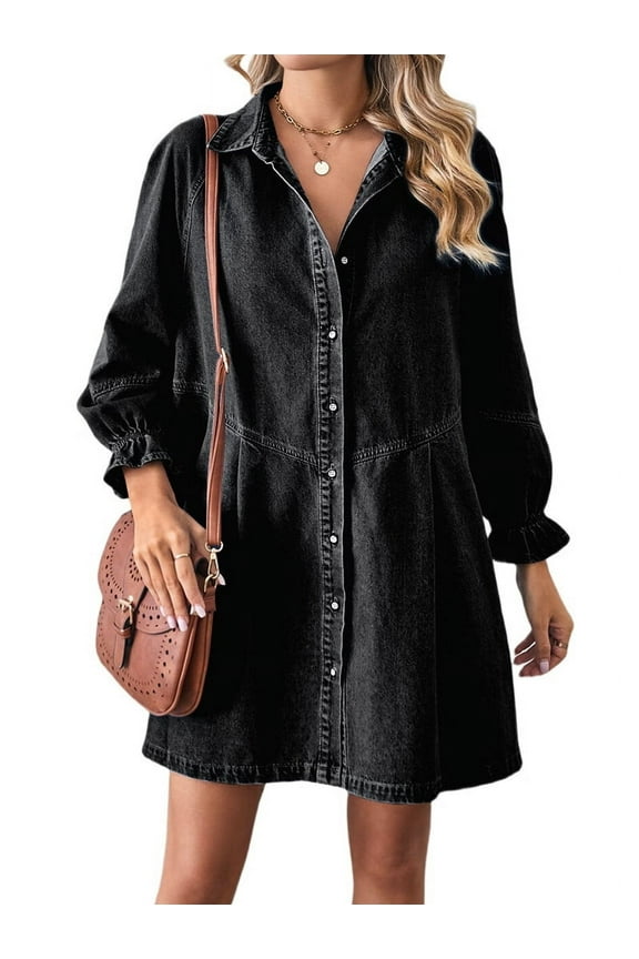 Women's Denim Shirt Dress with Lantern Sleeves, Button Down Tiered Ruffle Jean Mini Dress, Long Sleeve Casual Style Black Grey S