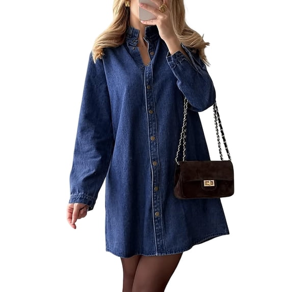 Women's Denim Shirt Dresses Long Sleeve Pleated Jean Dress Button Down Casual Tunic Top, 2XL
