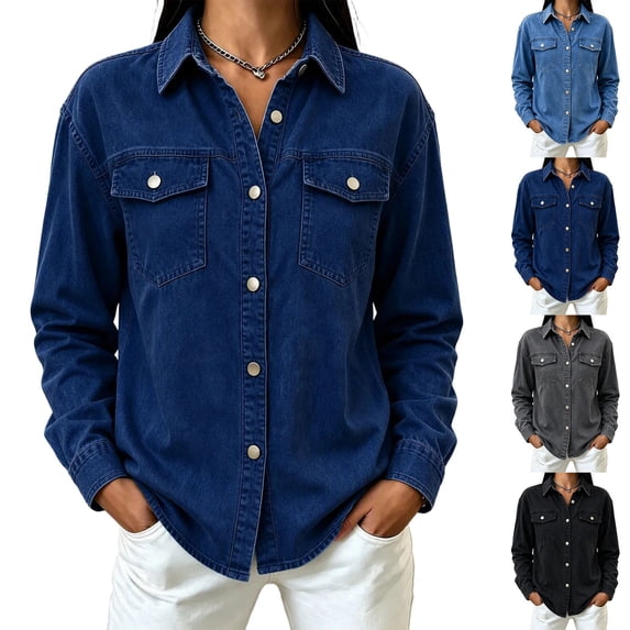Women's Denim Shirt Jacket Sevevn Classic Button Down Long Sleeve Chest Pockets Relaxed Loose Fit Casual Jean Shacket Coat for Daily Outings Wear