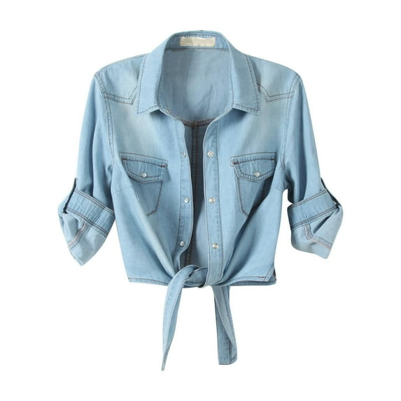 Women's Denim Shirt Jackets Mid Sleeved Small Shawl Denim Jacket Fashion Vintage Trendy Denim Crop Top Button Cardigan Denim Outwear