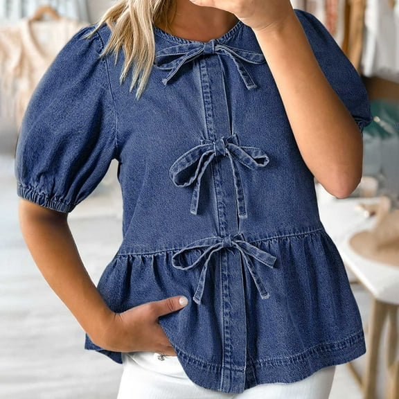 Women's Denim Shirt Lace Up Front Ruffled Sleeve Casual Top Round Neck Bow Tie Blouse Stylish Doll Outfit