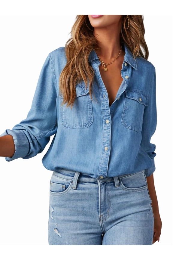 Women's Denim Shirt Long Sleeve Button Down Shirt, V-Neck Chambray Blouse Top for Women, Casual Work Shirt Dark Blue S
