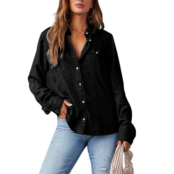 Women's Denim Shirt Long Sleeve Button Down V-Neck Chambray Blouse Top, Casual Work Shirt Size S