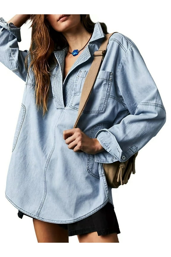Women's Denim Shirt Long Sleeve Loose Fit, V-Neck Button Front Pullover Blouse Top with Pocket, Casual Chambray Shirt Light Blue XXL