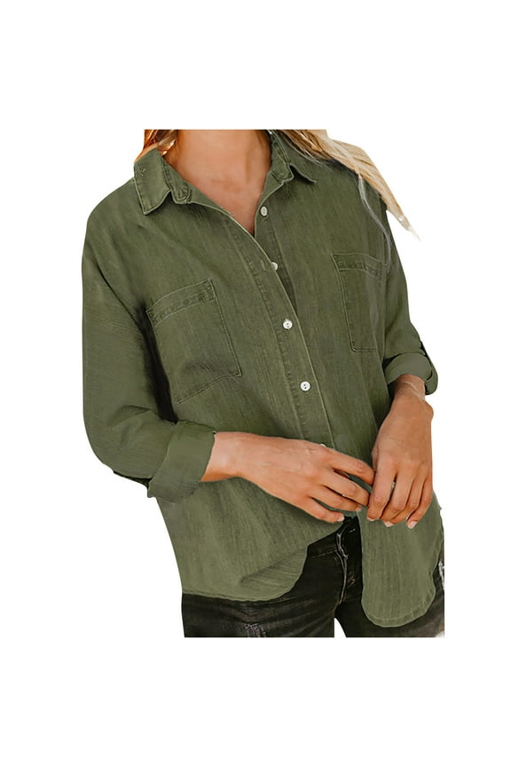Women's Denim Shirt Oversized Long Sleeve Jean Shacket Boyfriends Button up Denim Jackets Streetwear Denim Tops for Lady Green S