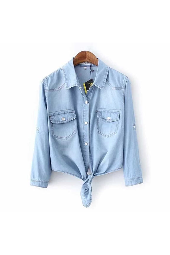 Women's Denim Shirt with Detachable Tie Bow, 3/4 Length Flutter Sleeves, Lightweight Chiffon Capelet Short Jacket
