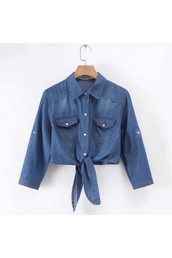 Women's Denim Shirt with Detachable Tie Bow, 3/4 Length Flutter Sleeves, Lightweight Chiffon Capelet Short Jacket