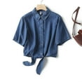 thumbnail image 1 of Women's Denim Shirt with Detachable Tie Bow, 3/4 Length Flutter Sleeves, Lightweight Chiffon Capelet Short Jacket, 1 of 12