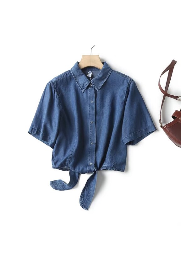 Women's Denim Shirt with Detachable Tie Bow, 3/4 Length Flutter Sleeves, Lightweight Chiffon Capelet Short Jacket