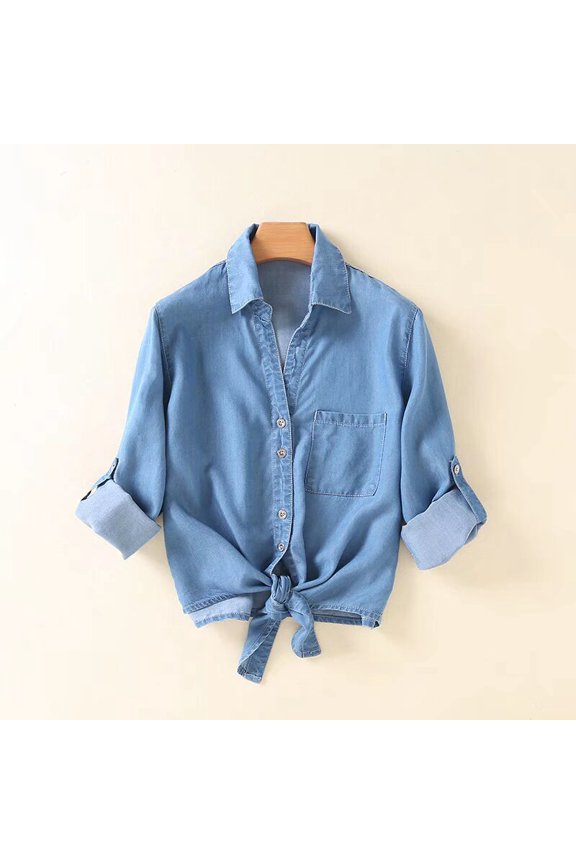 Women's Denim Shirt with Detachable Tie Bow, 3/4 Length Flutter Sleeves, Lightweight Chiffon Capelet Short Jacket