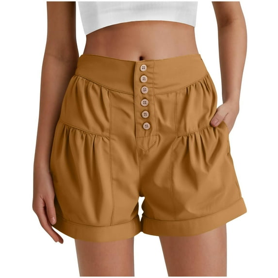 Women's Denim Shorts, 2025 New Summer Baggy High Waisted Flowy Wide Leg Skorts Buttons Pleated Ruffle Jean Shorts with Pockets in Brown M
