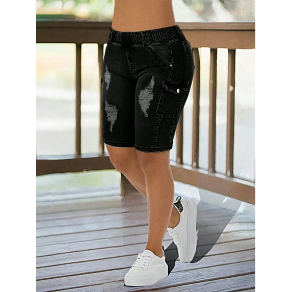 Women's Denim Shorts Distressed Cargo Ripped Elastic Waist Side Pocket Vintage Wash Shorts Jeans
