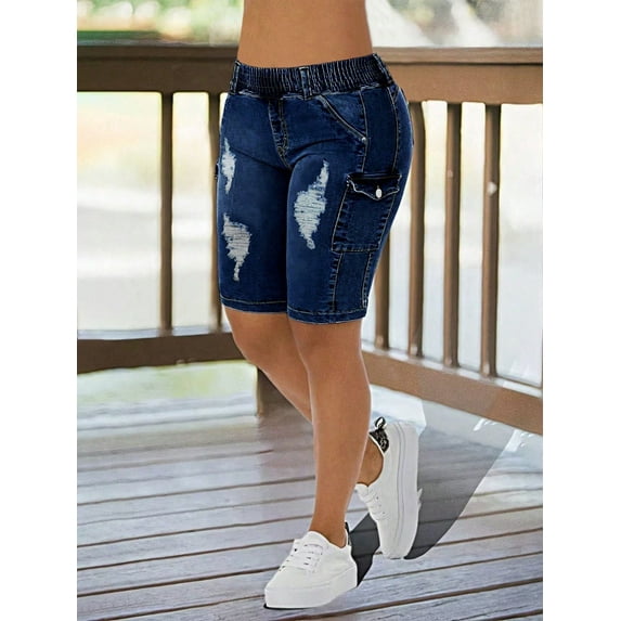 Women's Denim Shorts Distressed Cargo Ripped Elastic Waist Side Pocket Vintage Wash Shorts Jeans