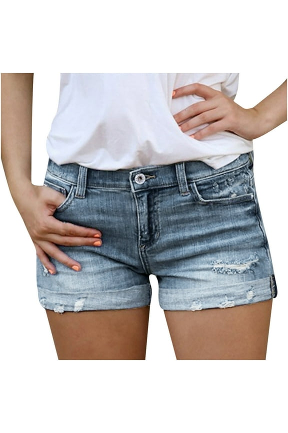 Women's Denim Shorts Folded Hem Casual Summer Short Rolled Jeans Shorts Stretchy Mid Waisted Ripped Lounge Shorts