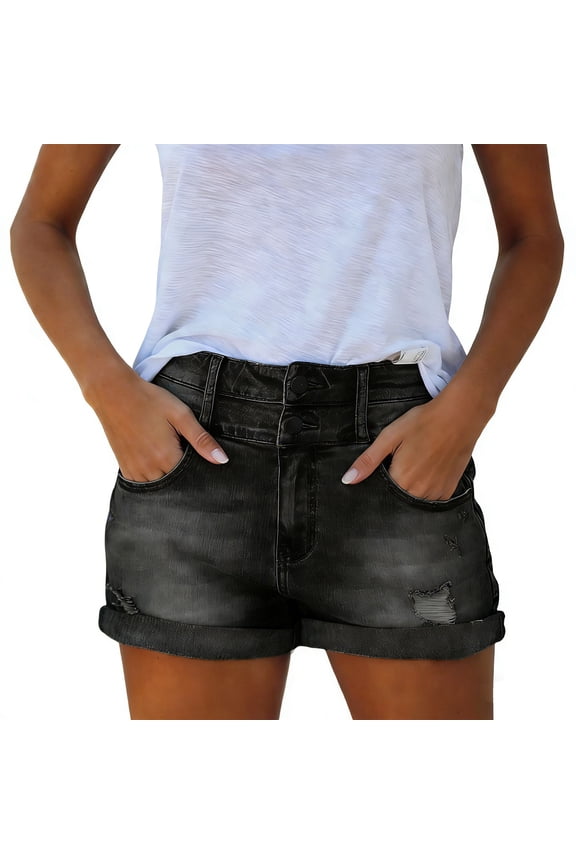 Women's Denim Shorts High Waist Button Down Zip Ripped Jeans Summer Trendy Casual Short Pants With Pockets (XXL, Black)