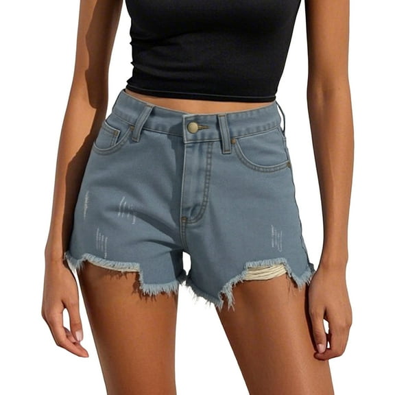 Women's Denim Shorts High Waist Ripped Hem Distressed Casual Summer Stretchy Jean Shorts for Teen Girls and Women Comfortable Fashion