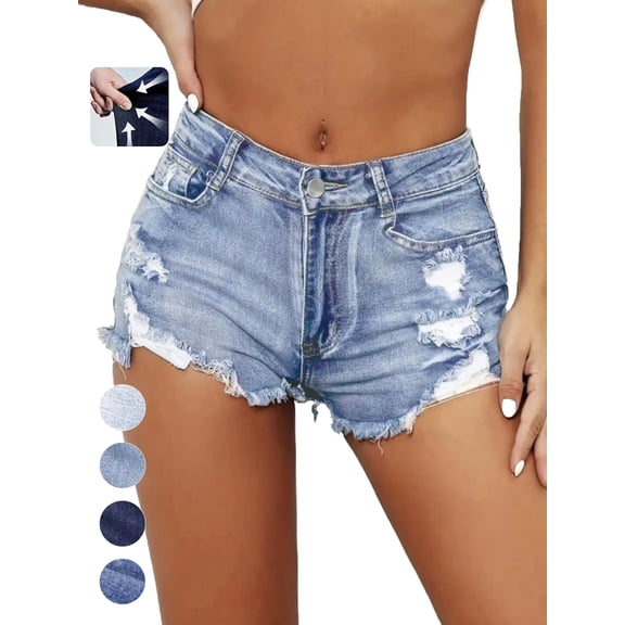 PAOLA RIBONI Women's Denim Shorts Mid Rise Ripped Jean Short Waisted Stretchy Jean