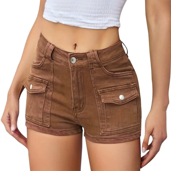 Women's Denim Shorts Mid Waisted Stretchy Slim Fit Jeans Y2K Trendy Summer Hot Jorts with Pockets