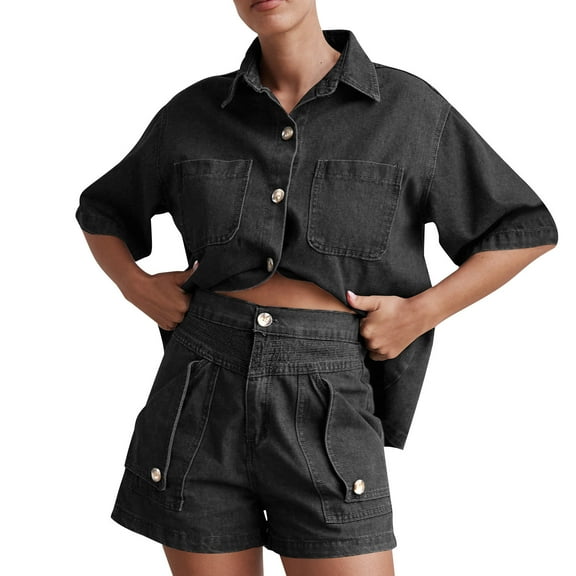 Women's Denim Shorts Outfits, Short Sleeve Button Shirt High Waisted Shorts Jean Suit, Loose Casual Two Piece Denim Sets Two Piece Set Lady Black M