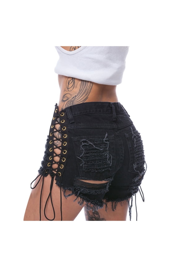 Women's Denim Shorts Side Lace-Up Hem with Bandage Straps, Gothic Streetwear Hot Pants Black XXL
