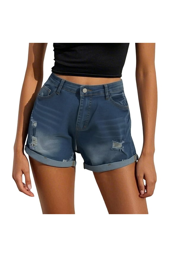Women's Denim Shorts Stretchy Mid Rise Summer Ripped Destroyed Workout Shorts Stretch Straight Leg Denim Shorts