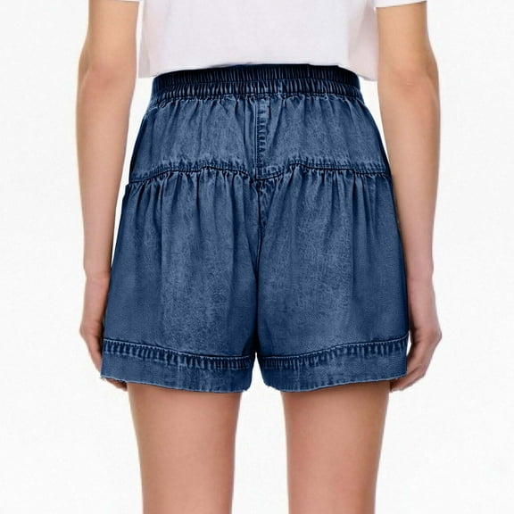 Women's Denim Shorts Summer Casual Stretch Waist Comfortable Lightweight Ruffle Hem Pocket Shorts for Outdoor Activities