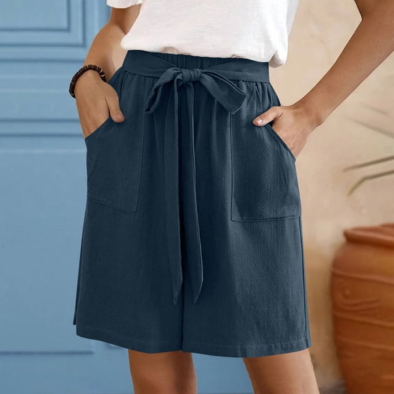 Women's Denim Shorts Womens Casual Solid Side Pockets Pants Shorts Elastic Waist Pockets Daily Mid Long Shorts,Blue Women's Shorts S