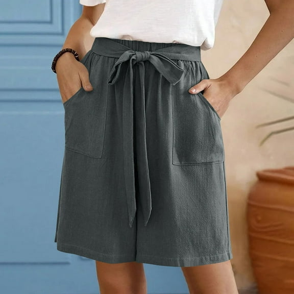 Women's Denim Shorts Womens Casual Solid Side Pockets Pants Shorts Elastic Waist Pockets Daily Mid Long Shorts,Gray Women's Shorts S