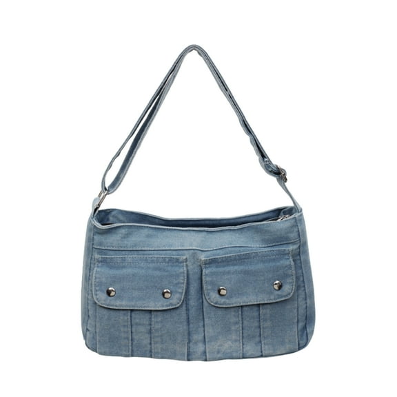 Women's Denim Shoulder Bag with Adjustable Long Strap, Crossbody Hobo Purse, Multi-Pocket Casual Tote for Everyday