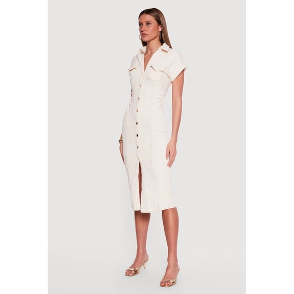 Women's Denim Side Ruched Dolman Sleeve Shirt Dress