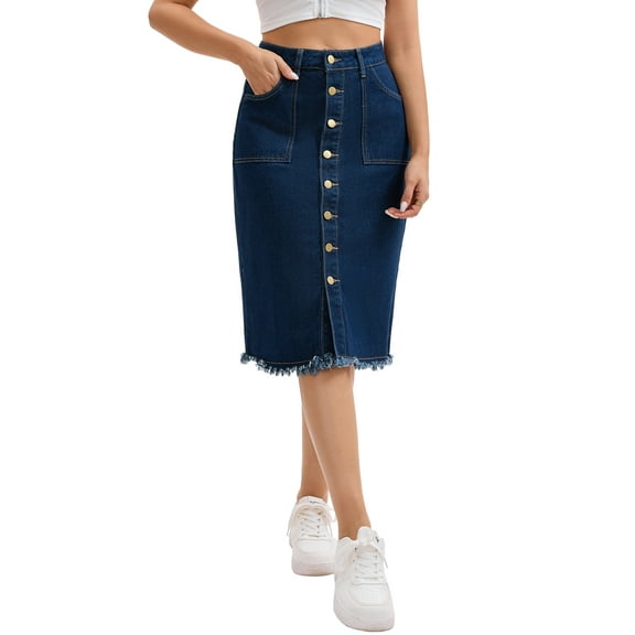 INSPIRE CHIC Women's Skirt Denim Button Down Frayed Trim H-Line Knee Length Casual Jean Skirts XL Deep Blue