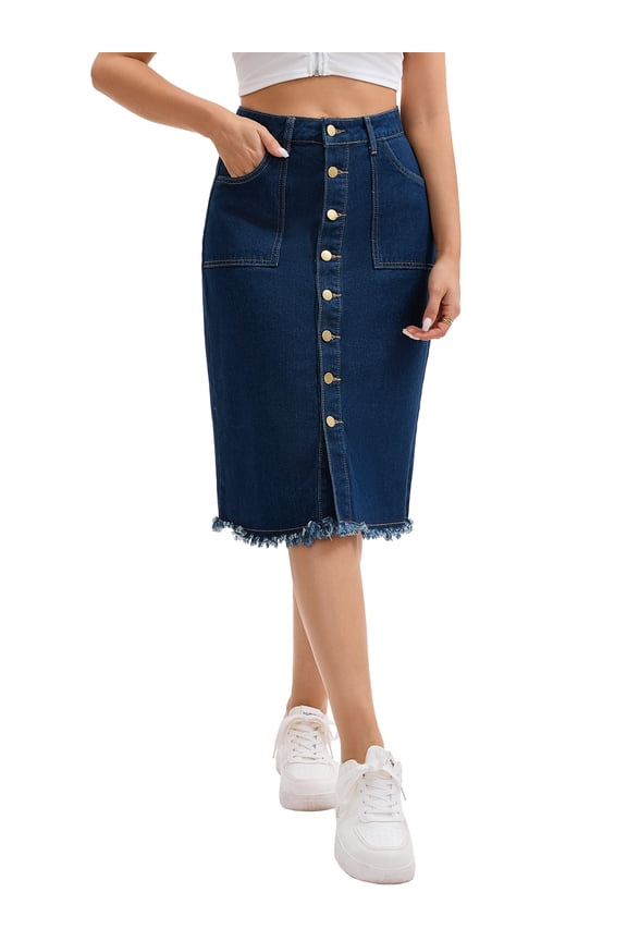Women's Skirt Denim Button Down Frayed Trim H-Line Knee Length Casual Jean Skirts XL Deep Blue