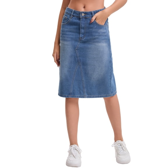 Women's Denim Skirt High Waisted 2026 Summer Washed A-Line Midi Jean Skirts M Blue