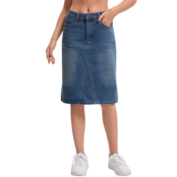 Women's Denim Skirt High Waisted 2026 Summer Washed A-Line Midi Jean Skirts M Vintage Blue