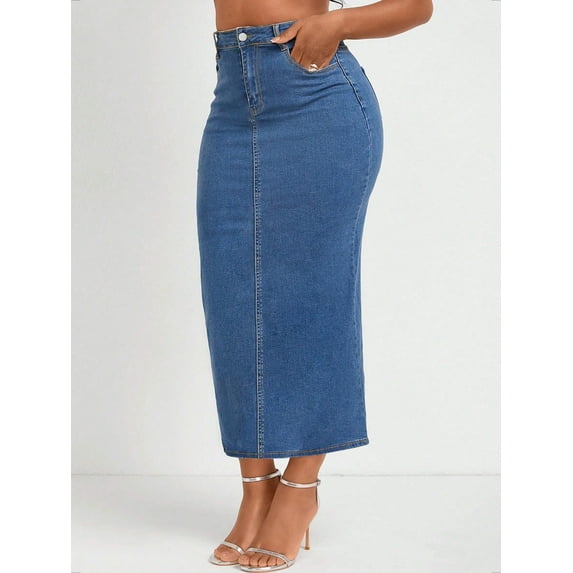 Women's Denim Skirt Midi Stretch Back Slit High Waisted Pencil Skirt Pockets Casual Fashion Trendy