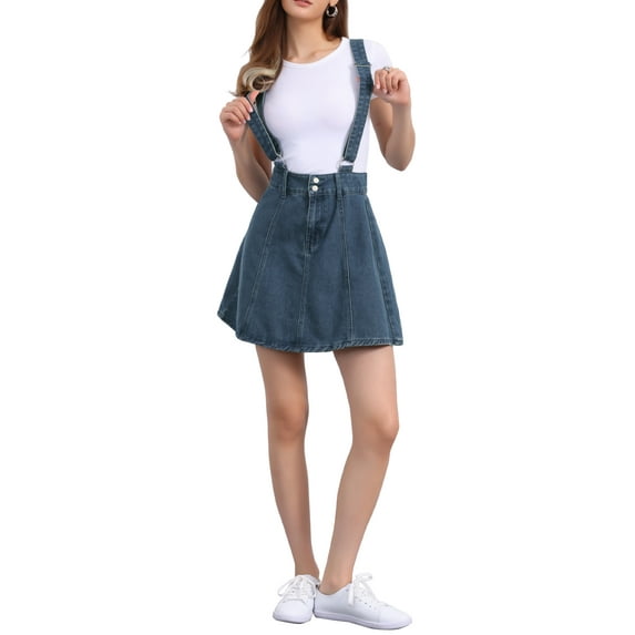 Women's Denim Skirt Overall Adjustable Strap Braces Mini Suspender Washed Jean Skirts L Vintage Blue