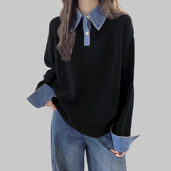 Women's Denim Sleeve Faux Two Piece Sweater, Denim Collar Knit Top, Sheep Wool Blend Pullover, Loose Fit Comfort Wear, Autumn Winter Fashion, Casual Chunky Knitwear Black One Size