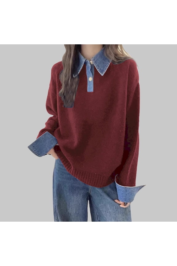 Women's Denim Sleeve Faux Two Piece Sweater, Denim Collar Knit Top, Sheep Wool Blend Pullover, Loose Fit Comfort Wear, Autumn Winter Fashion, Casual Chunky Knitwear Red One Size